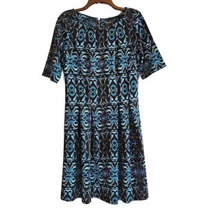 Gabby Skye Blue Black Print‎ Fit & Flare Dress Women's Size 8 Career
